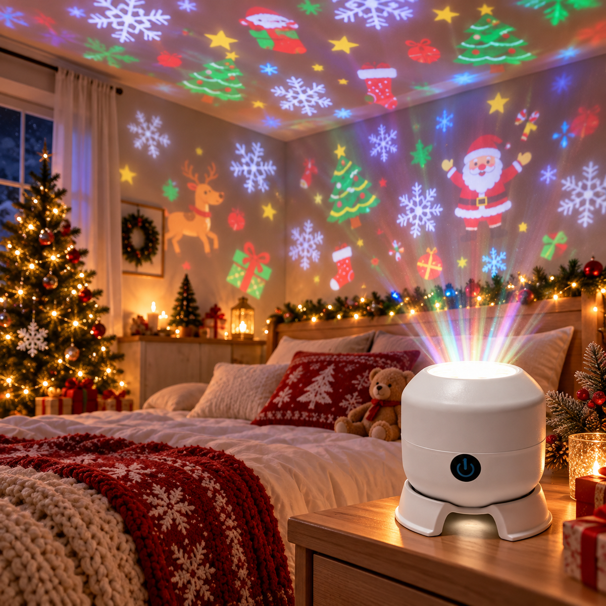 SnowGlow projector creating a festive bedroom atmosphere