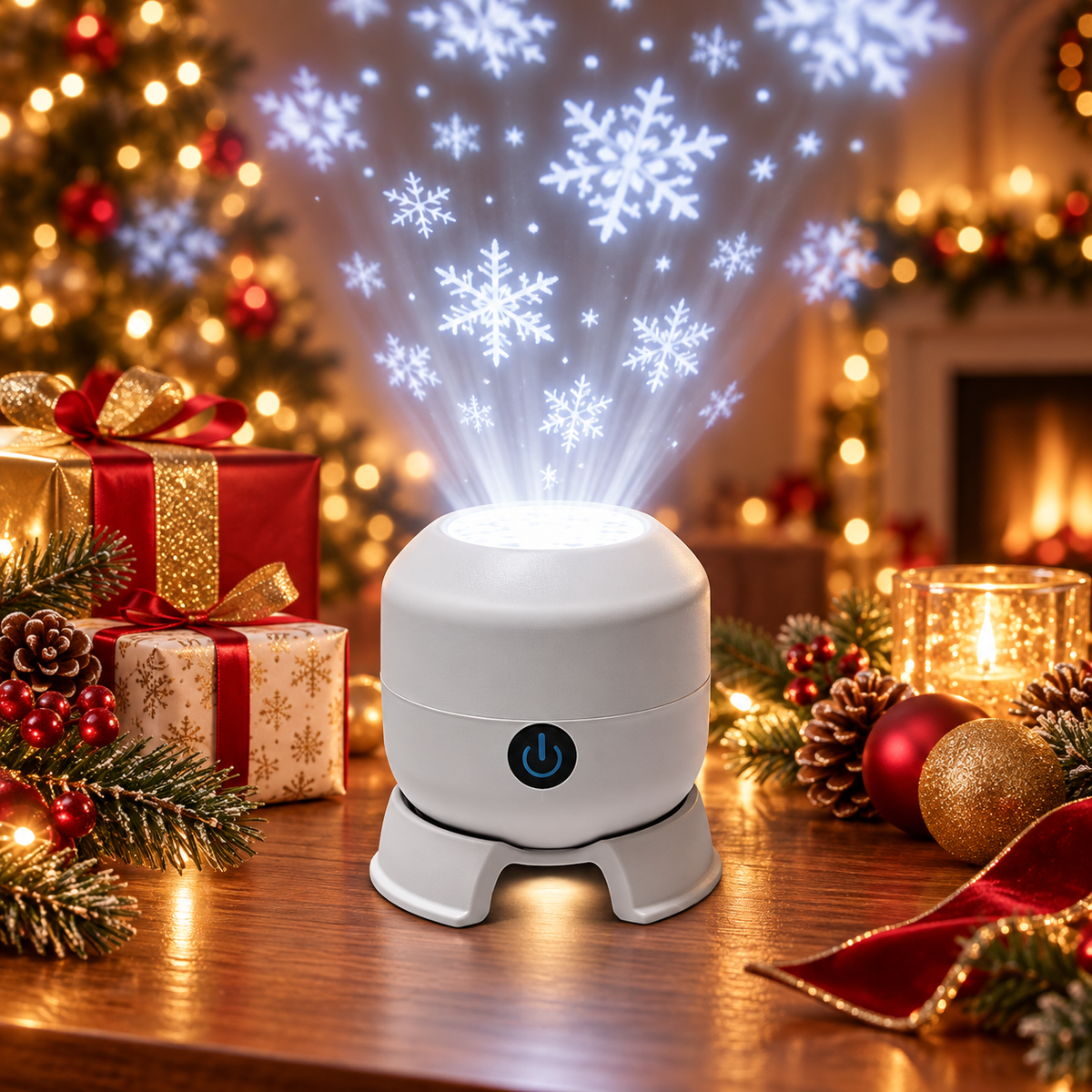 SnowGlow holiday projector in a festive gift scene