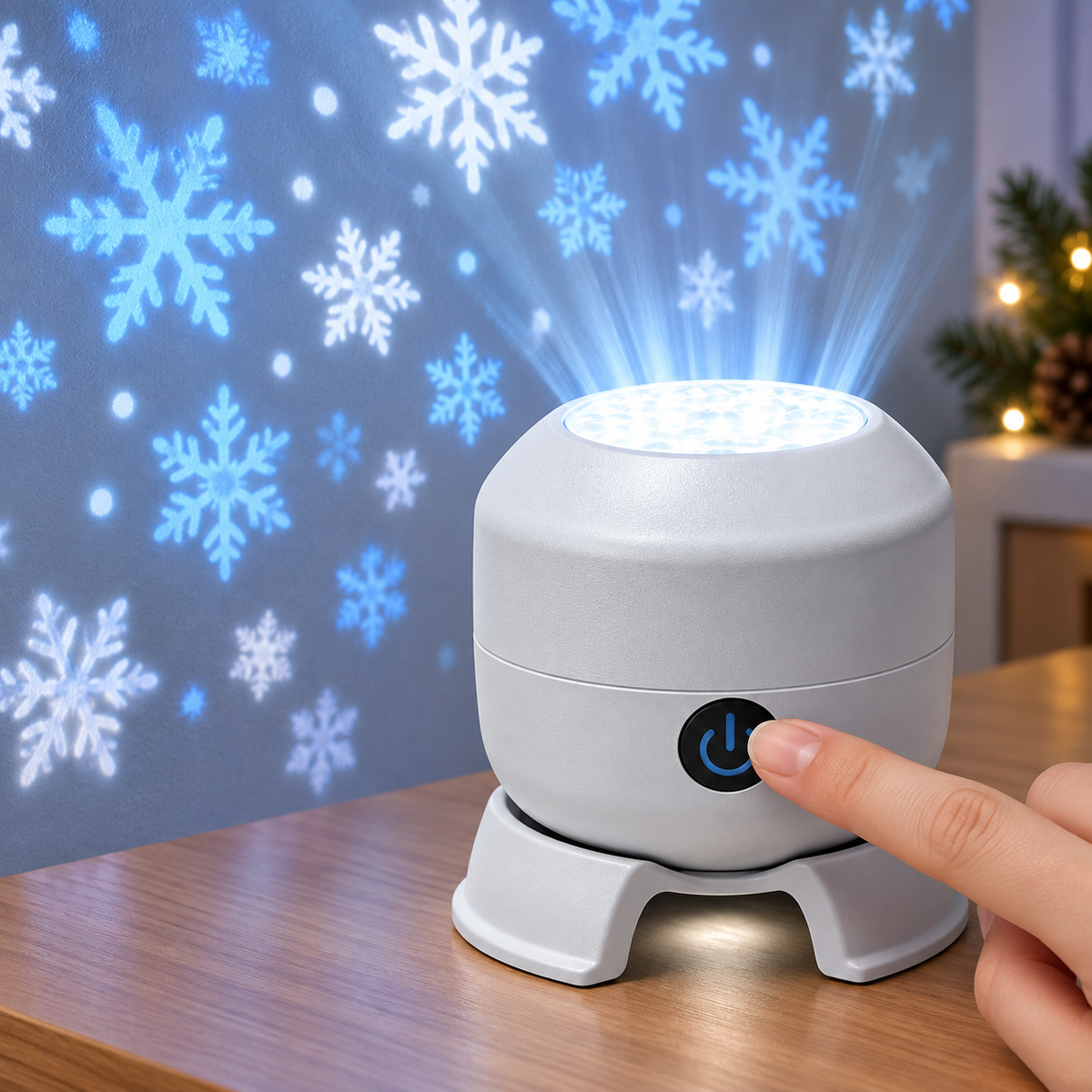SnowGlow projector power button and snowflake projection