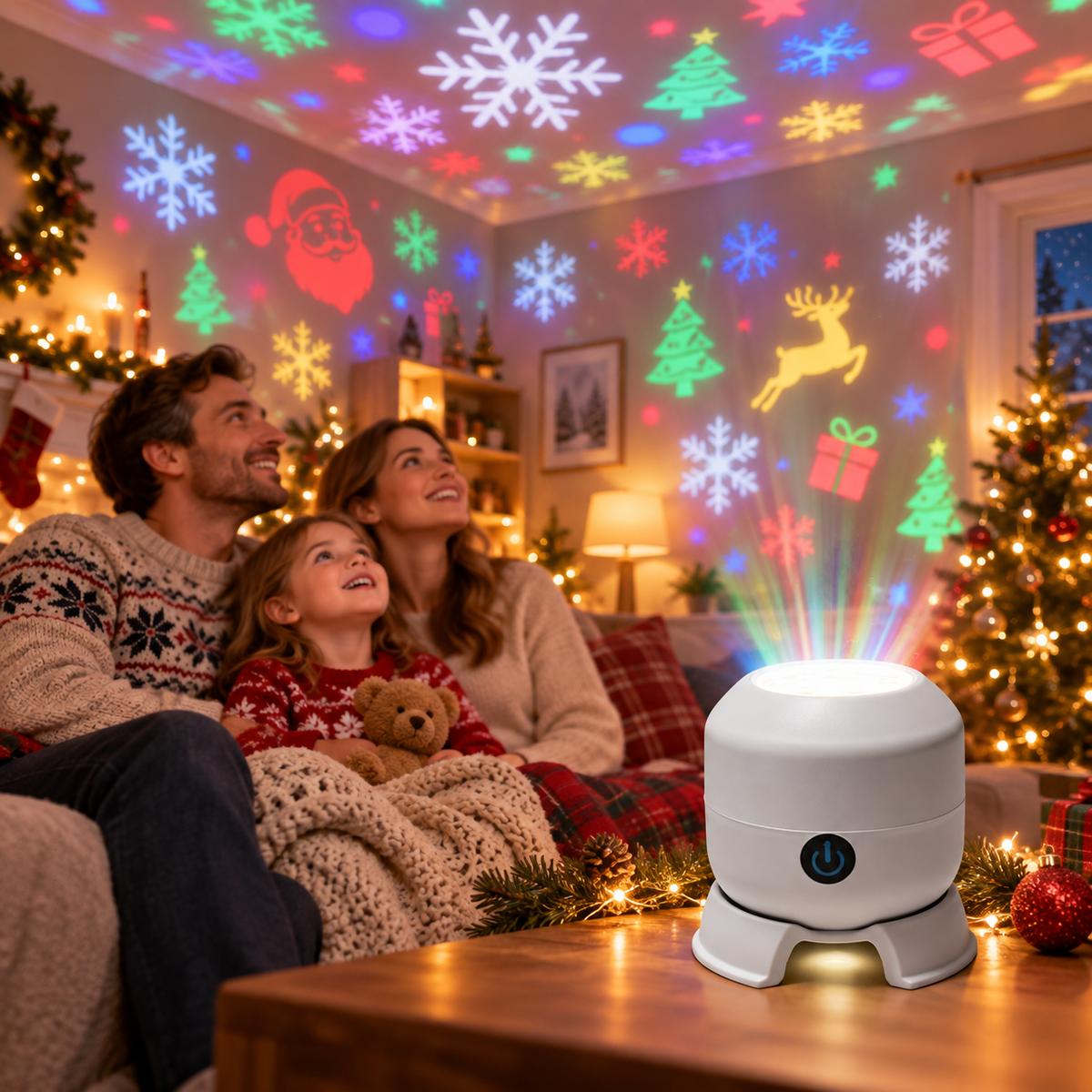 Family enjoying SnowGlow holiday projections