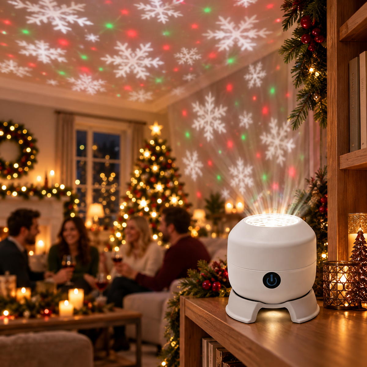 SnowGlow projector at a holiday gathering