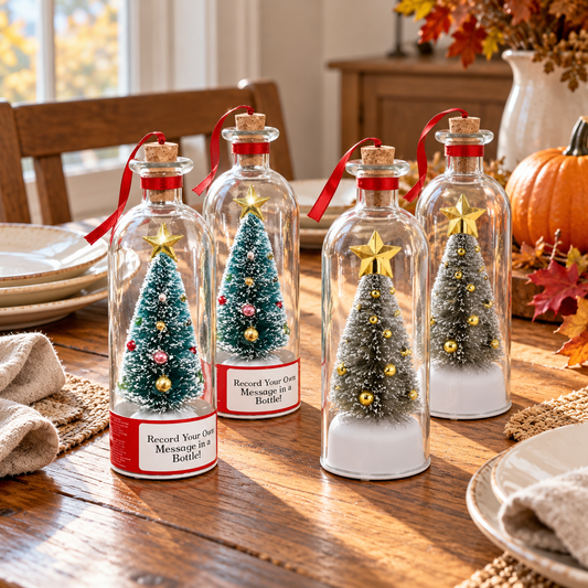 GatherVoice Blue and Grey voice keepsake bottles on a Thanksgiving table