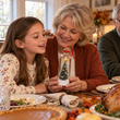 Grandmother and granddaughter recording a message with a Grey GatherVoice keepsake at Thanksgiving