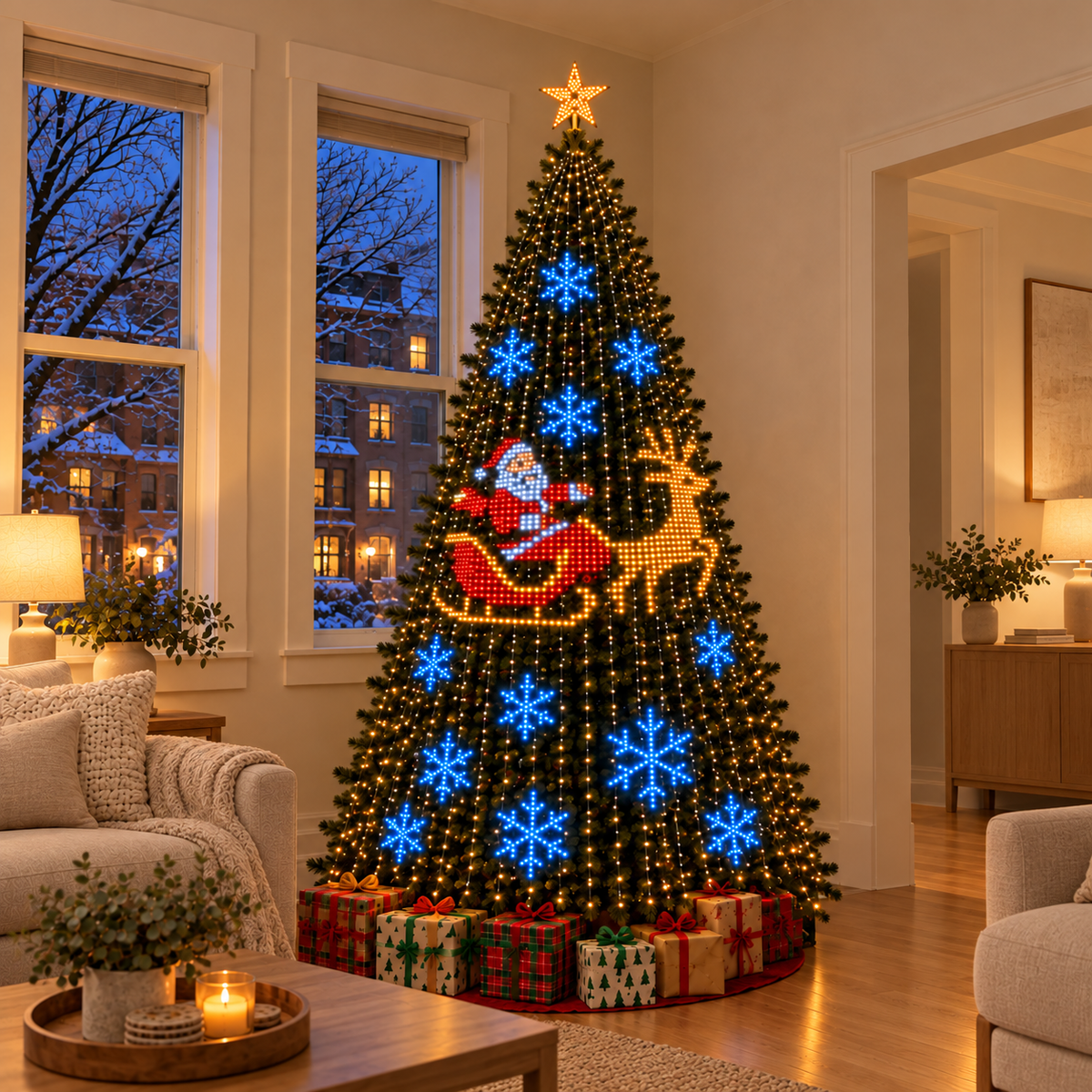 GlowSync tree lights showing Santa, sleigh, reindeer and blue snowflakes