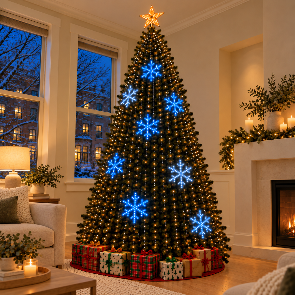 GlowSync tree lights with blue and white snowflake display