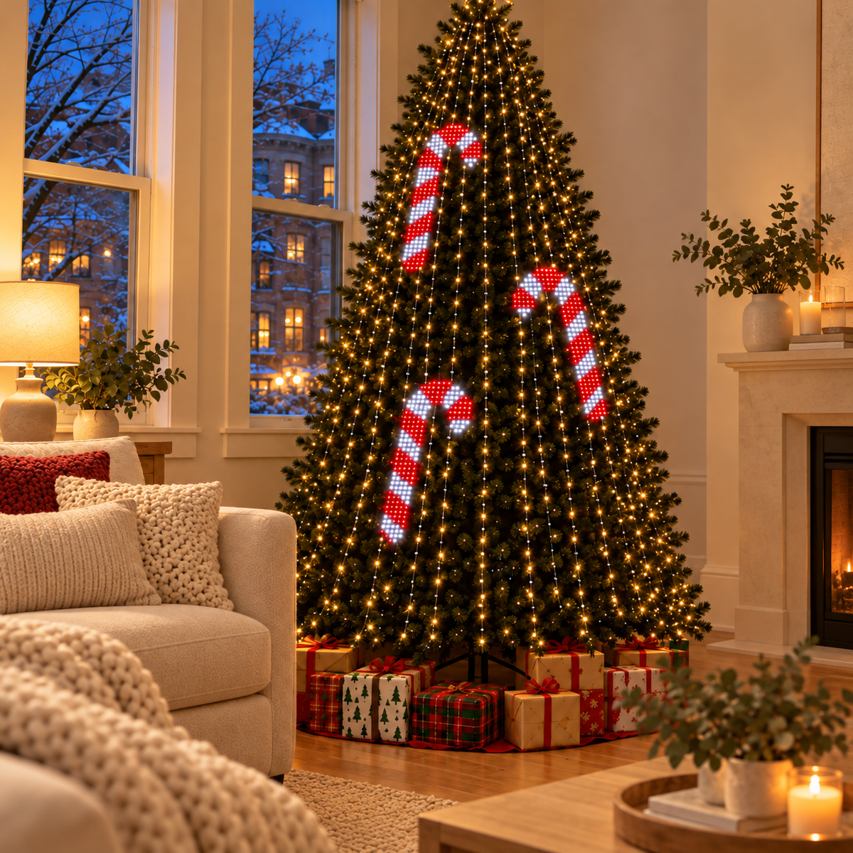 GlowSync tree lights displaying red and white candy canes