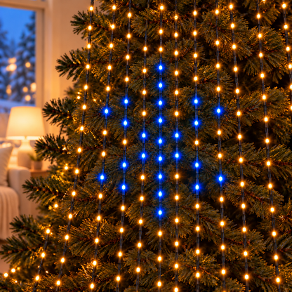 Close-up of GlowSync blue and warm white LEDs on vertical light strands