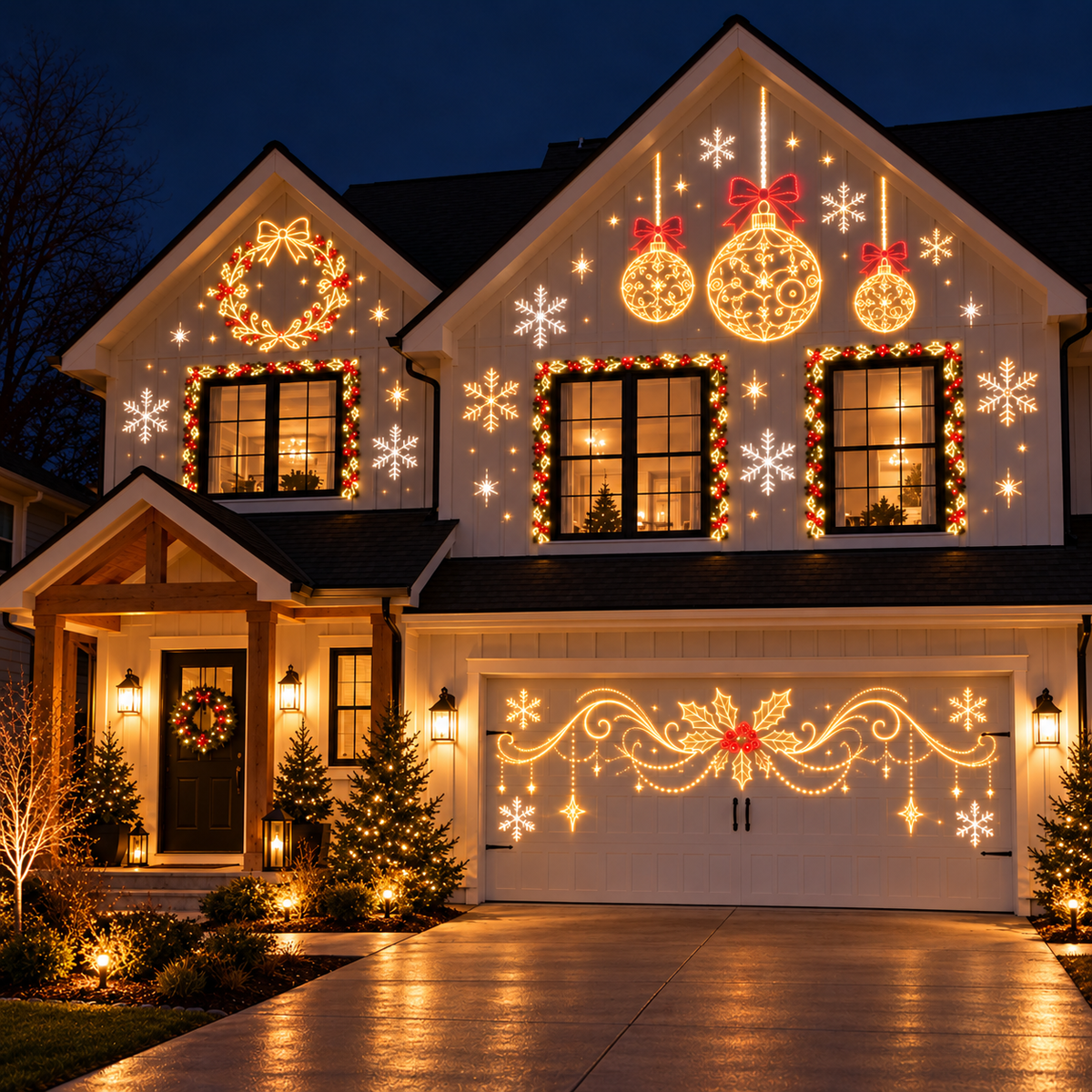Christmas ornament projections on a home at night