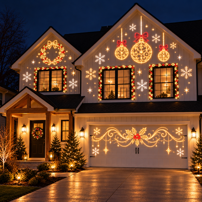 Christmas ornament projections on a home at night
