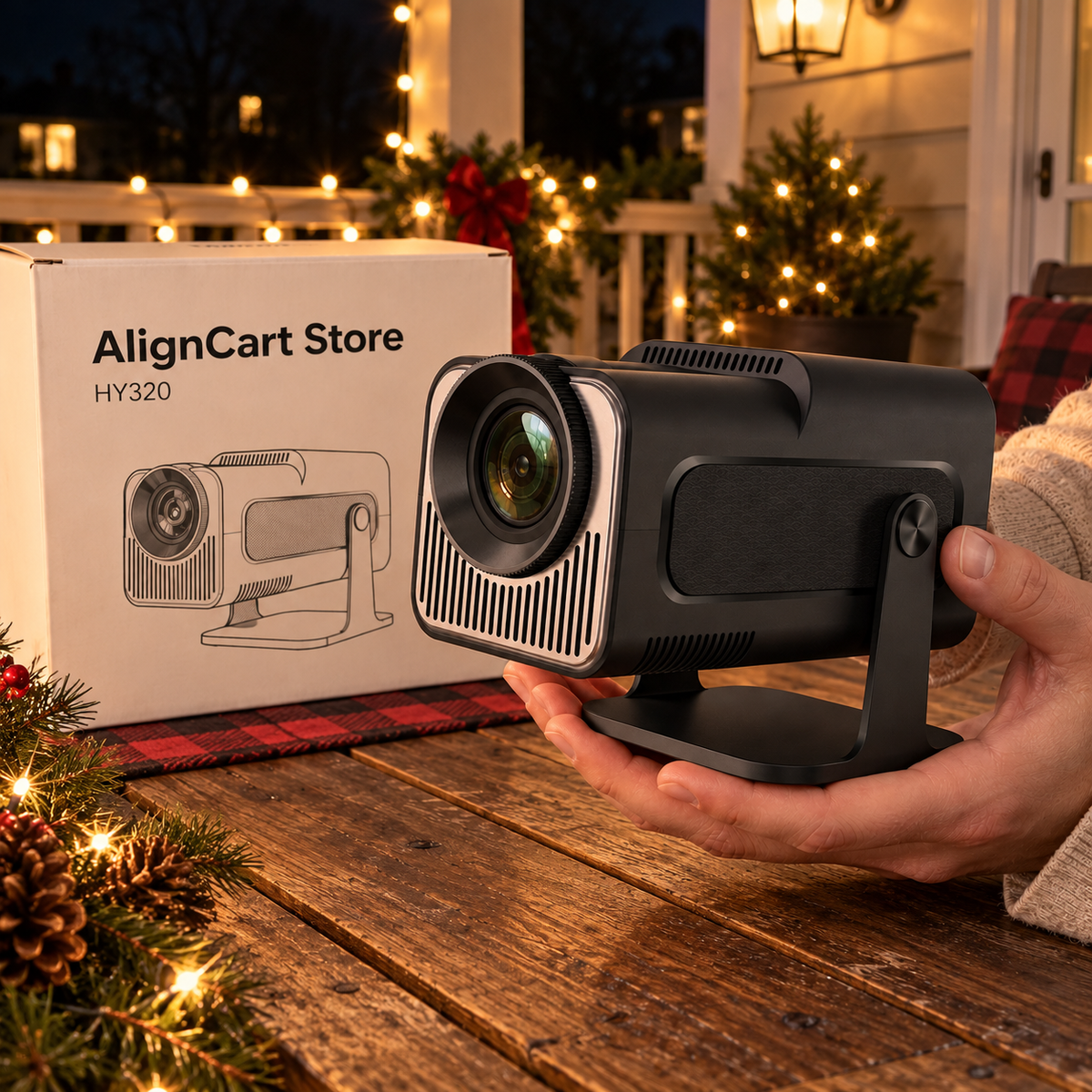 HollyBeam projector held beside its box on a porch table