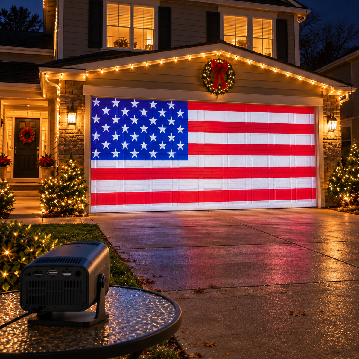 HollyBeam projector with an American flag display on a garage door at night
