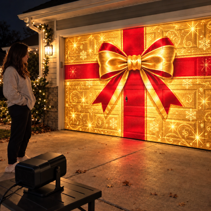Red and gold gift bow projection covering a garage door