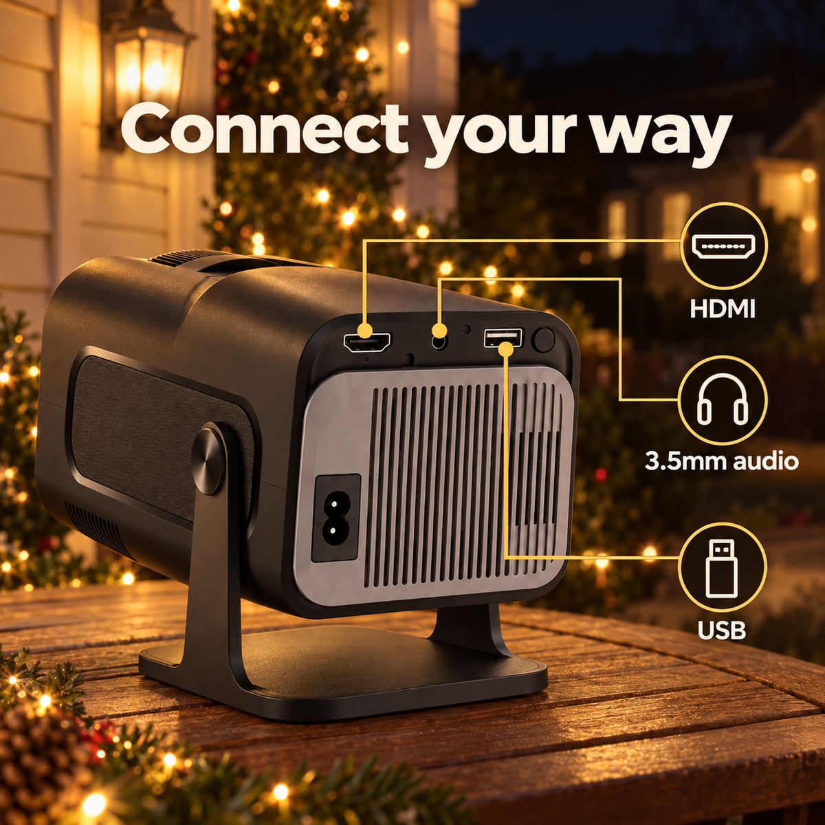 HollyBeam HDMI, USB and 3.5 mm audio ports