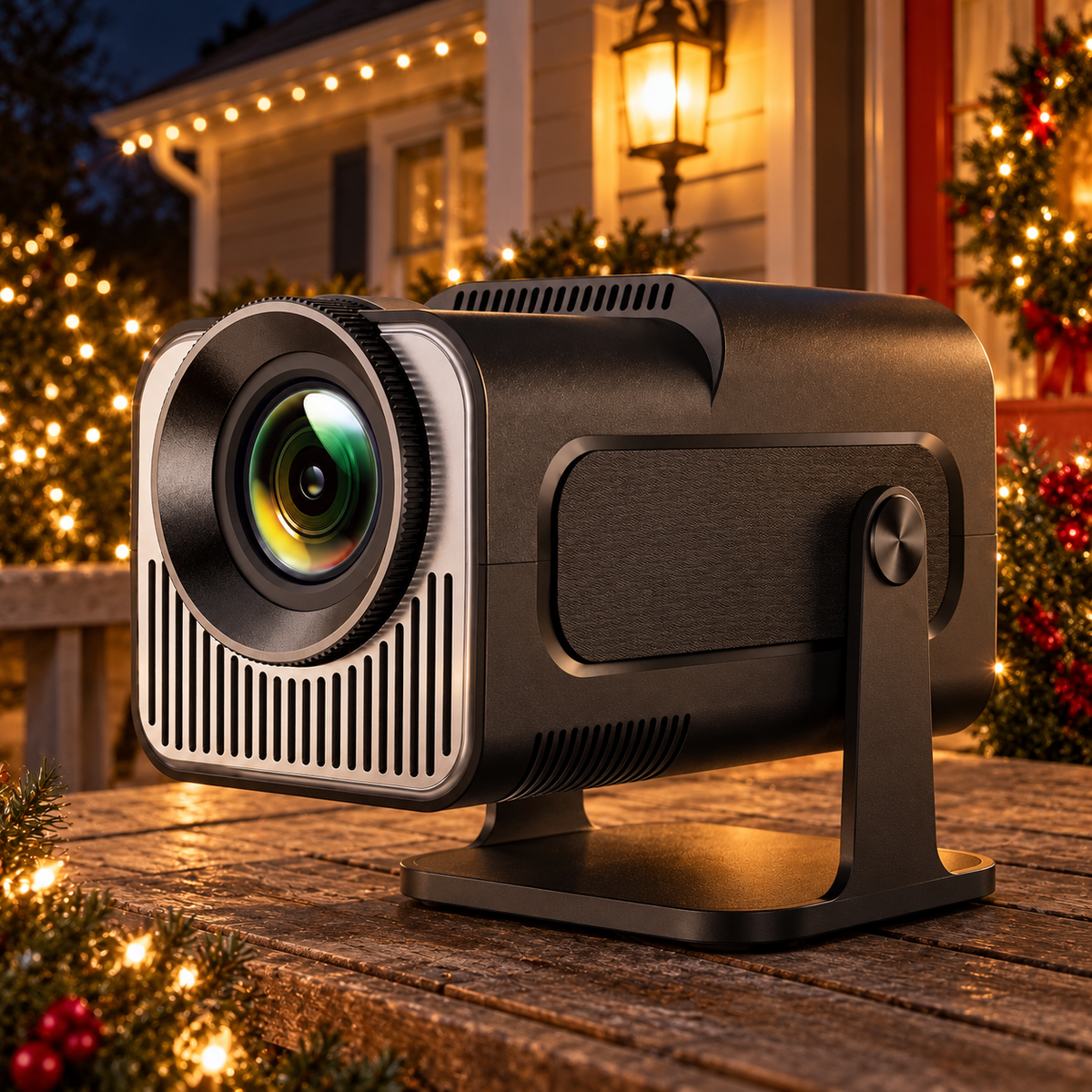 HollyBeam projector on a wooden porch table at night