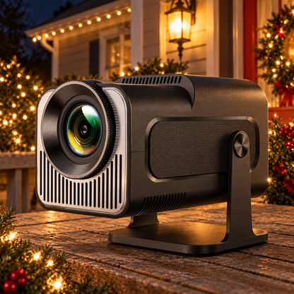 HollyBeam projector on a wooden porch table at night