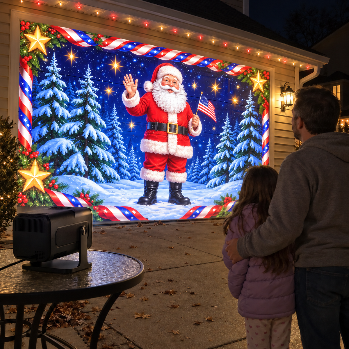 Family watching a Santa projection across a garage door
