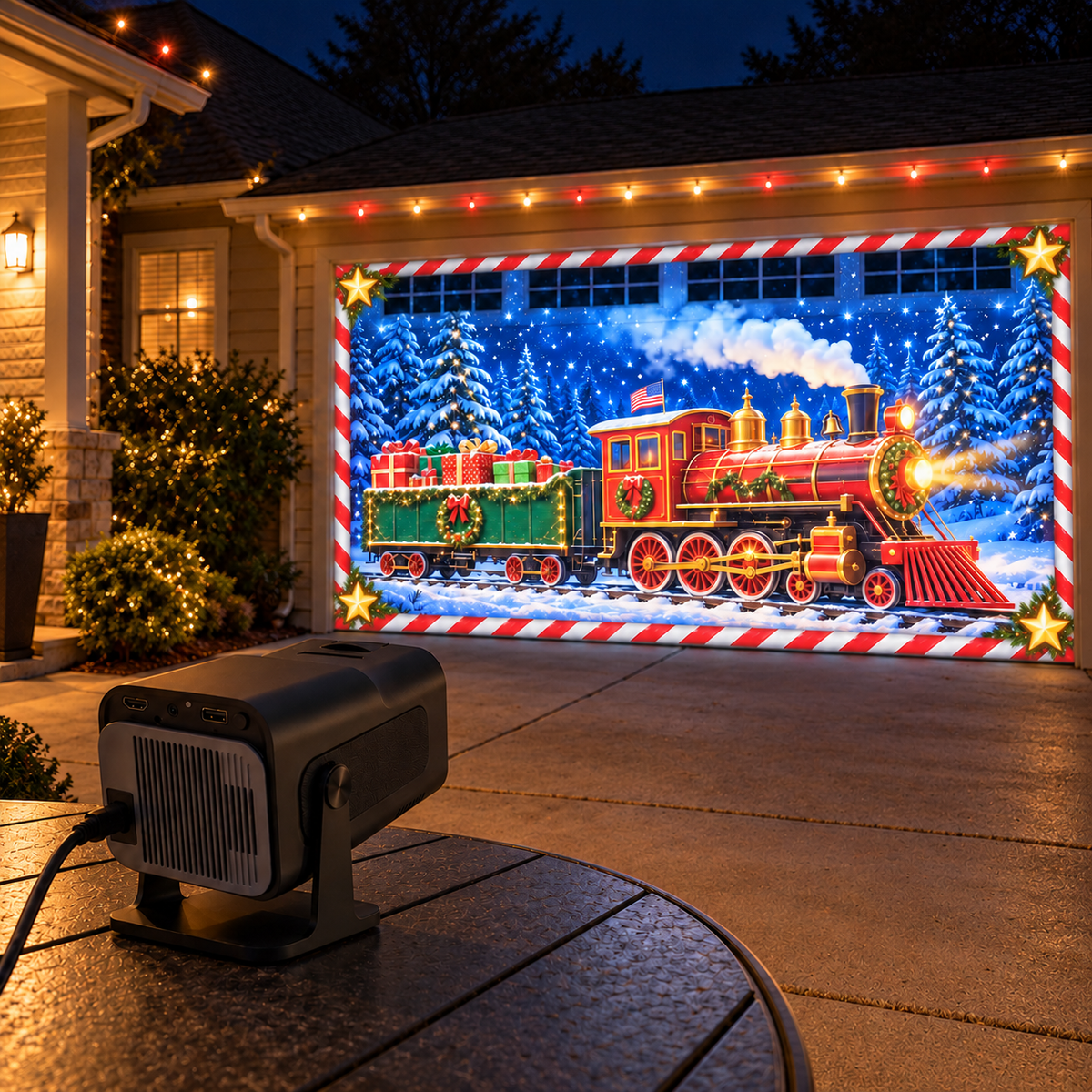 Christmas train projection across a garage door