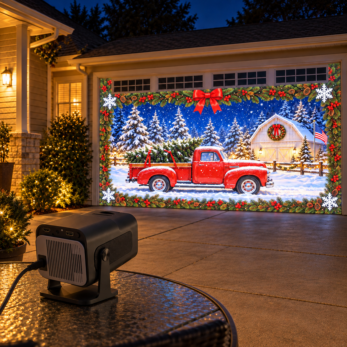 Red Christmas truck projection across a garage door