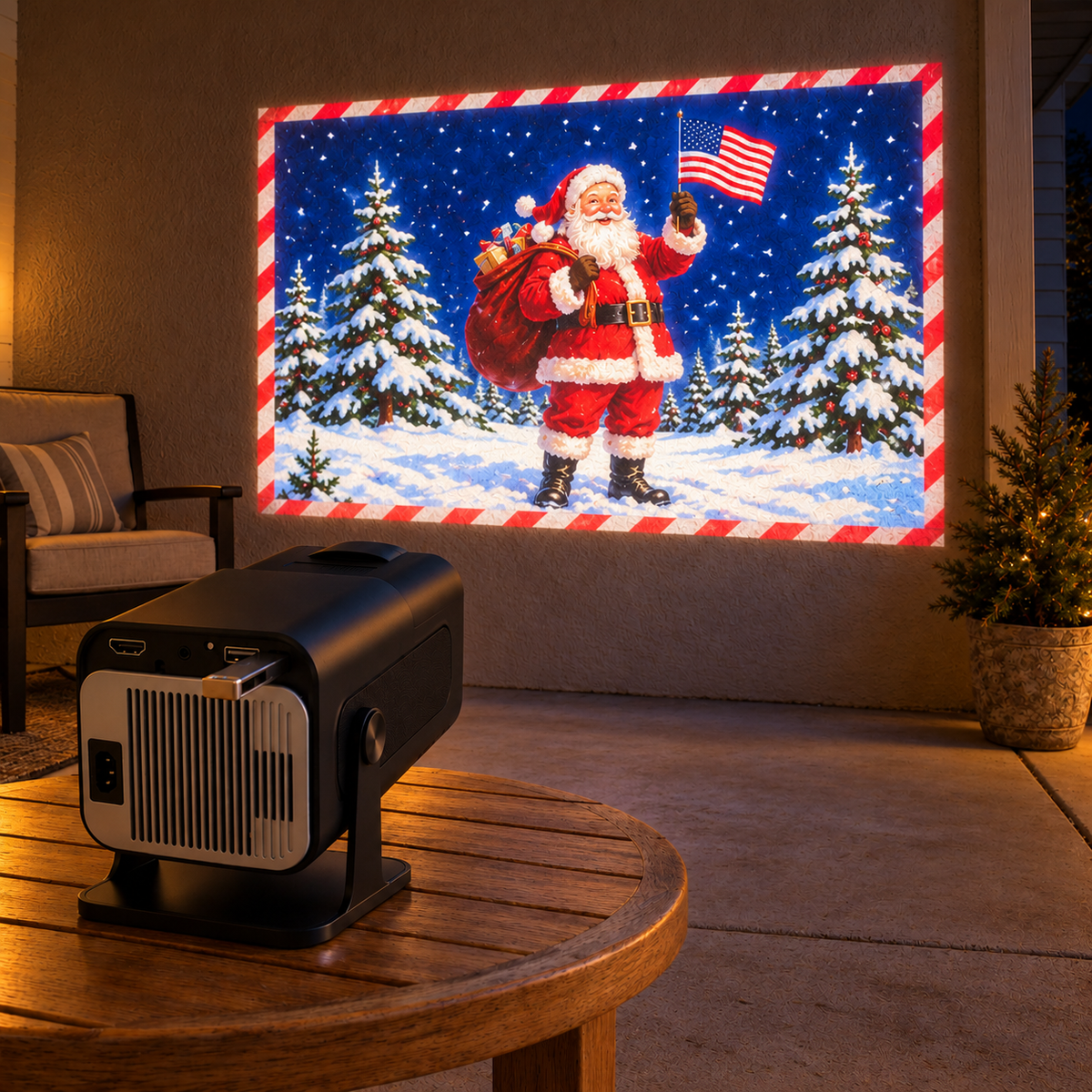 HollyBeam projector and Santa display on a patio wall