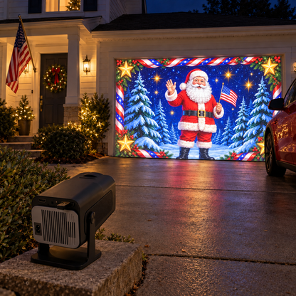 HollyBeam projector and Santa display in a driveway