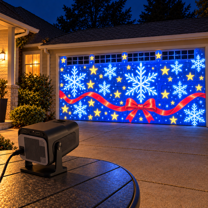 Blue snowflakes and red ribbon projection across a garage door