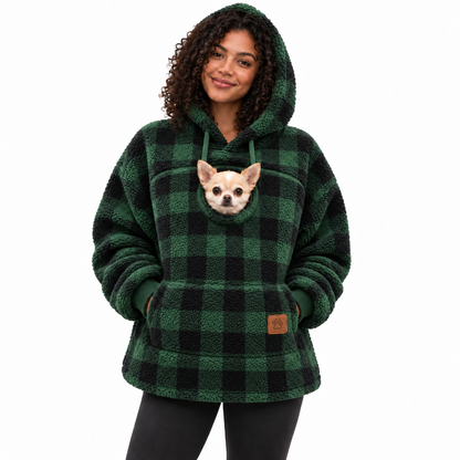 Pouchly pet pouch hoodie — green plaid