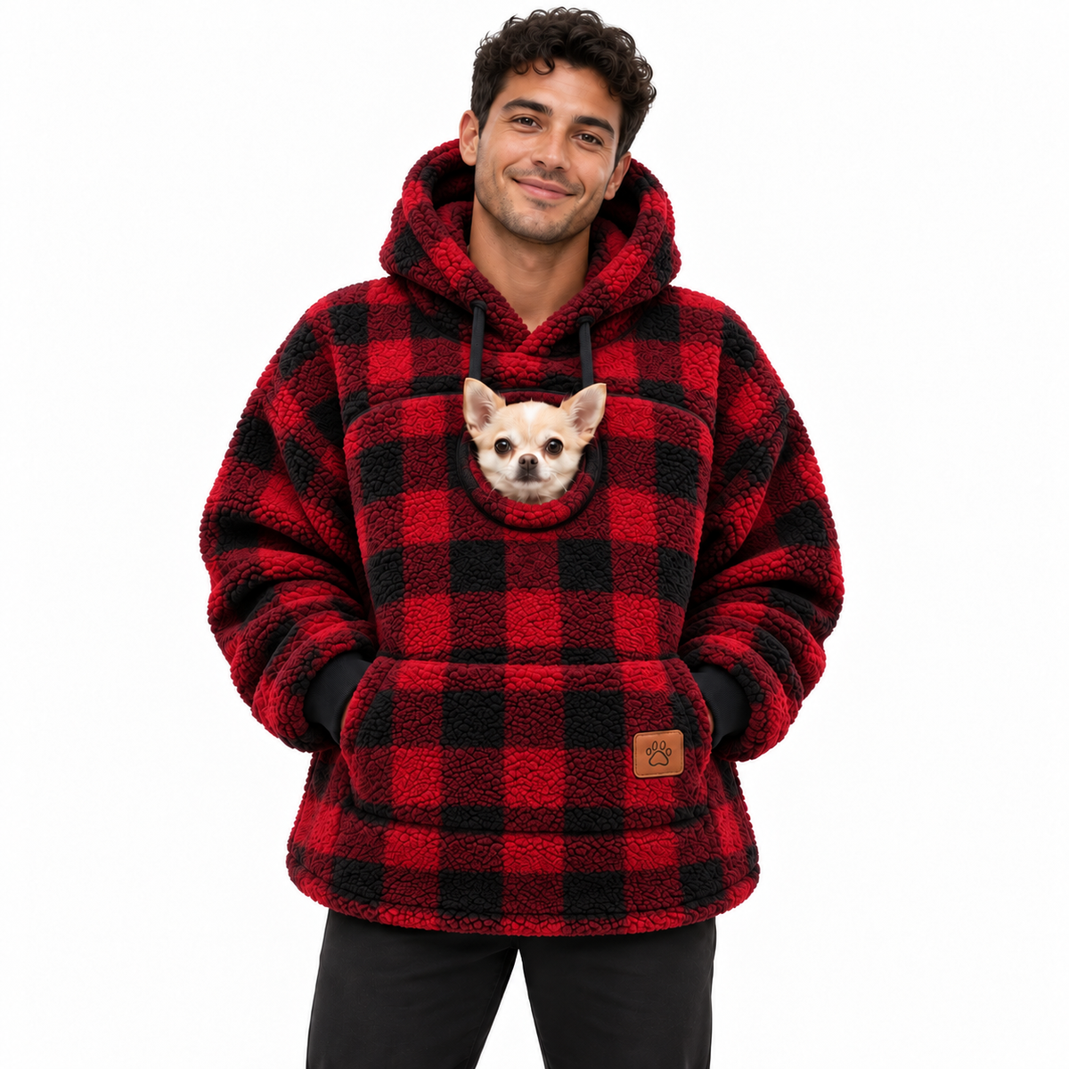 Pouchly pet pouch hoodie — red plaid