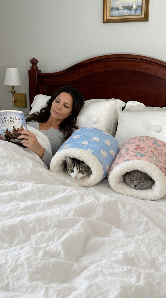 Two cats resting in Blue Rabbit and Pink Wooden Horse PurrCave bags