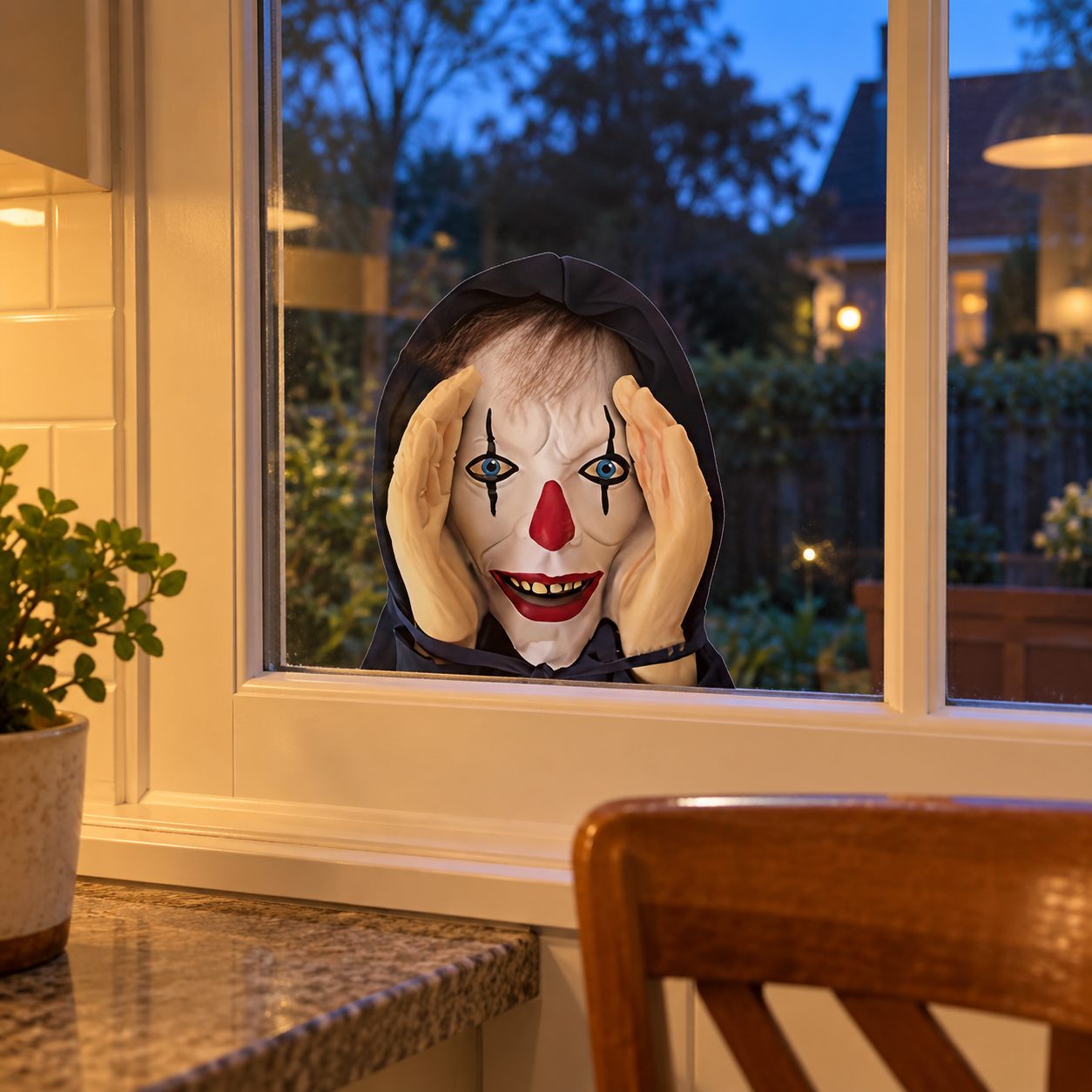 White clown-face decal peeping through kitchen glass