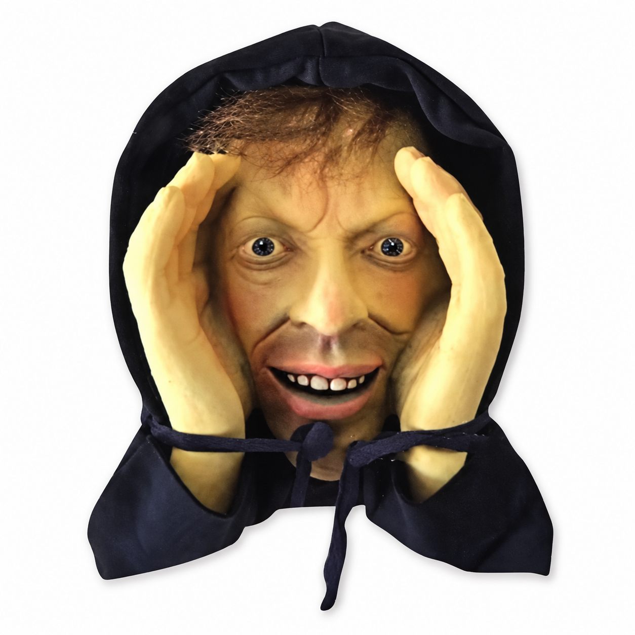 The full grinning hooded-face printed decal on white