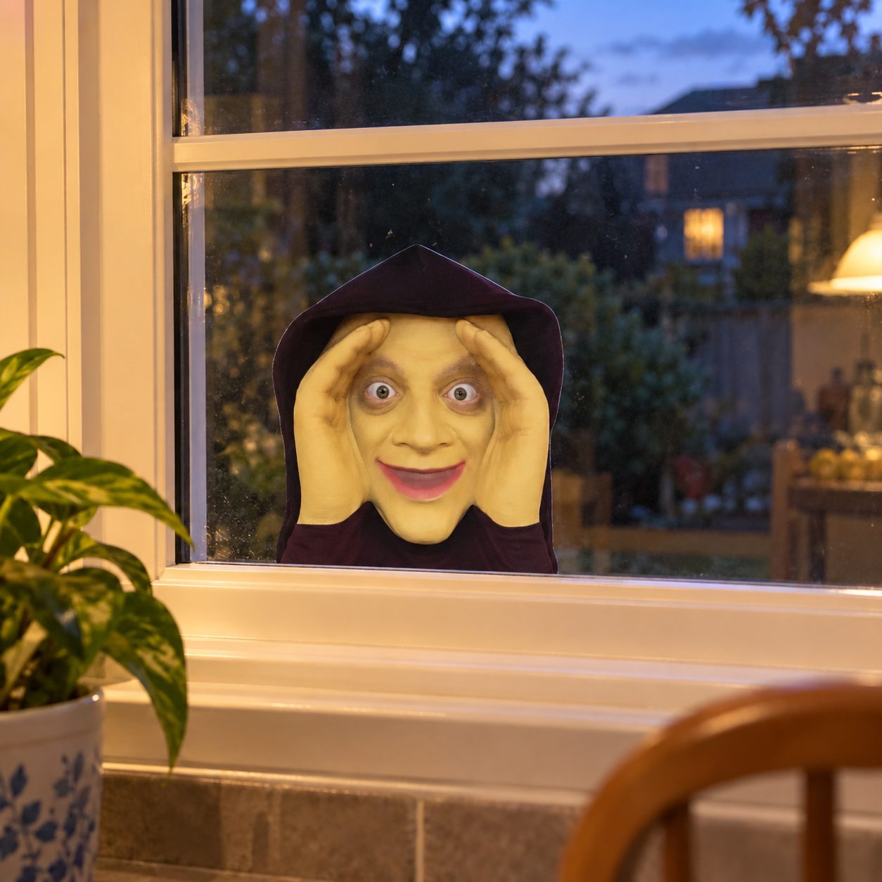 Smiling-face decal peeping over the bottom window frame