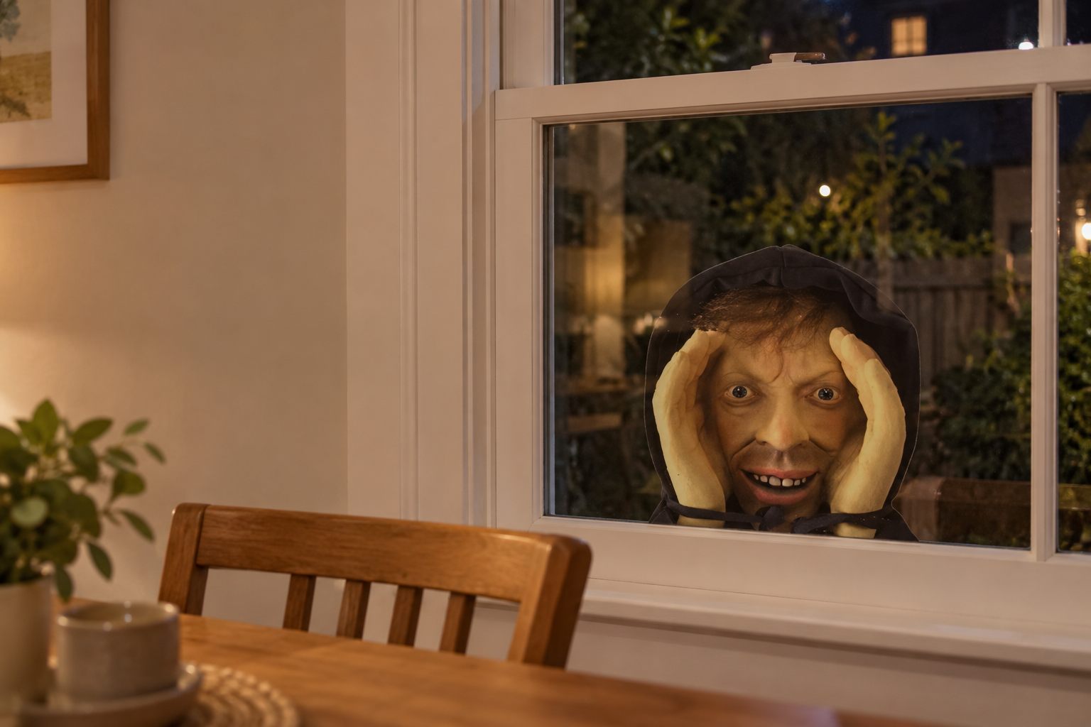 A PeepCreep window prank in a softly lit dining room